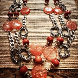 Long, Mixed Silver Chain and Watermelon Quartz Necklace